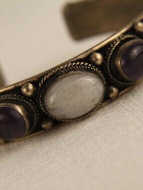 Vintage Silver Moonstone Amethyst Cuff Bracelet Tested Boho Artisan